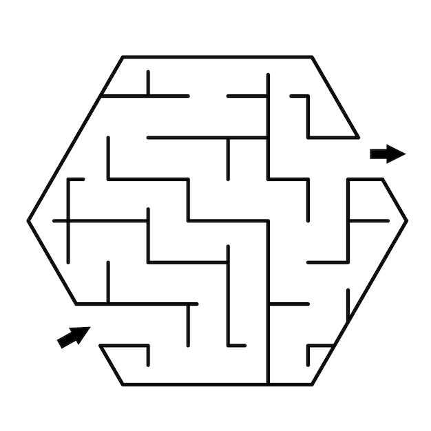 Vector plantilla de laberinto vectorial laberinto geométrico en blanco y negro en forma de hexágono aislado sobre fondo blanco actividad educativa o juego de imprenta preescolar samplexa