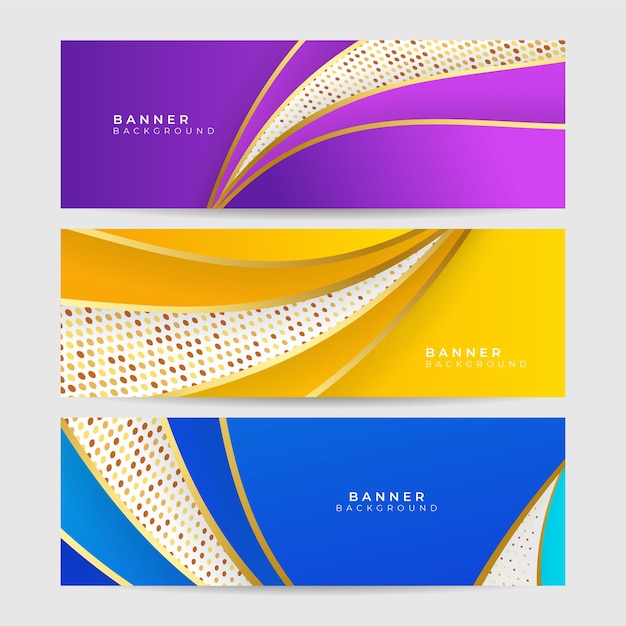Plantilla larga de la bandera del negocio del vector del extracto del amarillo anaranjado púrpura azul. Fondo mínimo de negocios con onda geométrica de brillo de punto. Plantilla de fondo de patrón de banner de diseño gráfico abstracto de vector.