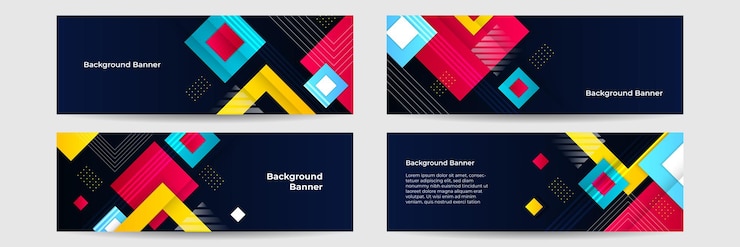 Vector plantilla larga colorida de la bandera del negocio abstracto del vector. fondo mínimo de negocios con marco geométrico de círculo de triángulo de punto cuadrado de semitono. diseño de banner de tecnología abstracta de cuadrados brillantes