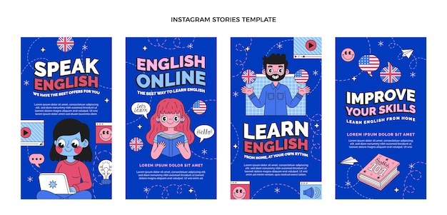 Plantilla de lecciones de inglés de diseño plano dibujado a mano