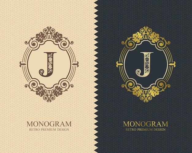Plantilla de letra emblema j, elementos de diseño de monograma, plantilla elegante caligráfica.