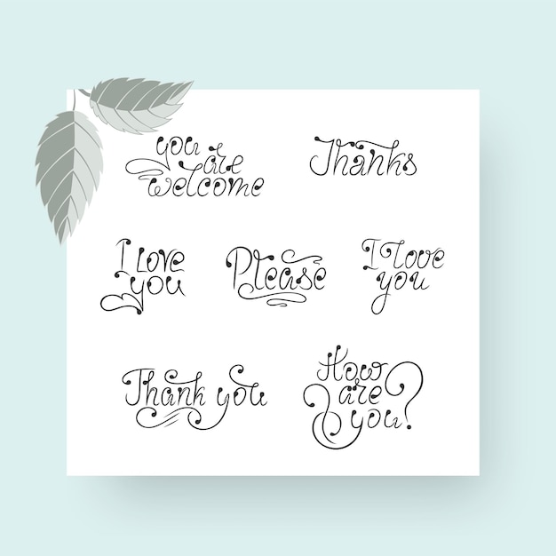 Plantilla de letras caligráficas vectoriales para mensajes con presentación sobre fondo turquesa con hojas