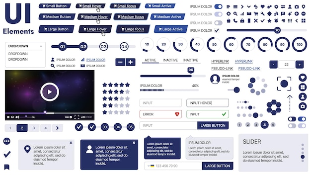 Una plantilla limpia y receptiva con iconos de menú de elementos de interfaz de usuario y casillas de comprobación ideal para una página de negocios o redes sociales Diseño horizontal con formas simples