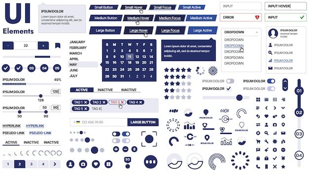 Una plantilla limpia y receptiva con iconos de menú de elementos de interfaz de usuario y casillas de comprobación ideal para una página de negocios o redes sociales Diseño horizontal con formas simples