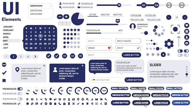 Una plantilla limpia y receptiva con iconos de menú de elementos de interfaz de usuario y casillas de comprobación ideal para una página de negocios o redes sociales Diseño horizontal con formas simples