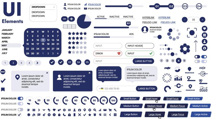 Vector una plantilla limpia y receptiva con iconos de menú de elementos de interfaz de usuario y casillas de comprobación ideal para una página de negocios o redes sociales diseño horizontal con formas simples