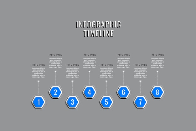 Plantilla de línea de tiempo de infografía empresarial con elementos hexagonales azules sobre un fondo gris