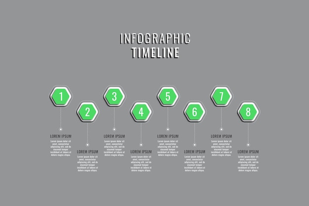 Plantilla de línea de tiempo de infografía empresarial con elementos hexagonales verdes sobre un fondo gris