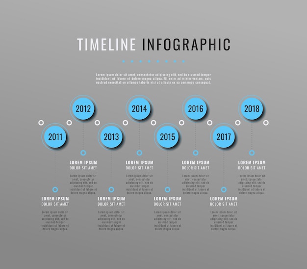 Plantilla de línea de tiempo de infografía empresarial gris horizontal con elementos redondos azul claro y cuadros de texto