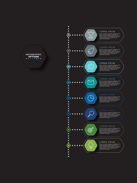 Plantilla de línea de tiempo de infografía moderna con elementos hexagonales realistas en colores planos sobre un fondo negro. diagrama de proceso empresarial con iconos de marketing y cuadros de texto.