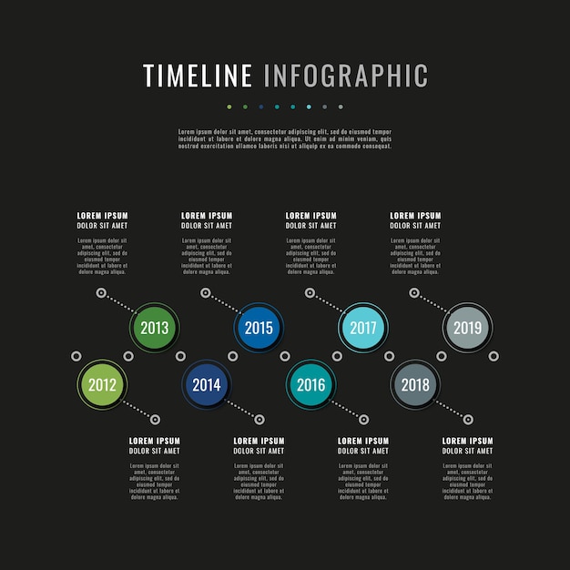 Plantilla de línea de tiempo infográfica moderna con elementos realistas redondos sobre un fondo negro