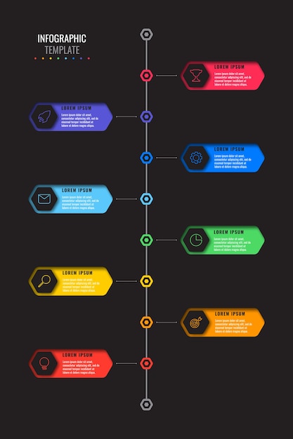 Plantilla de línea de tiempo vertical con ocho elementos hexagonales realistas con iconos de líneas finas sobre fondo negro. diagrama moderno con agujeros geométricos en papel. visualización para presentaciones