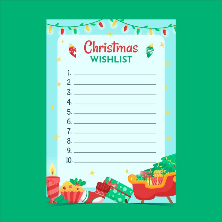 Vector plantilla de lista de deseos de navidad dibujado a mano dibujos animados planos