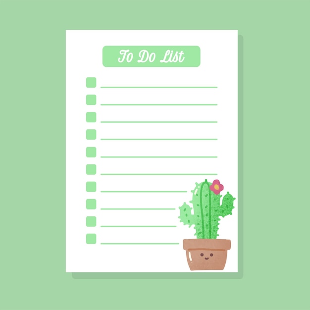 plantilla de lista de tareas con cactus kawaii dibujados a mano