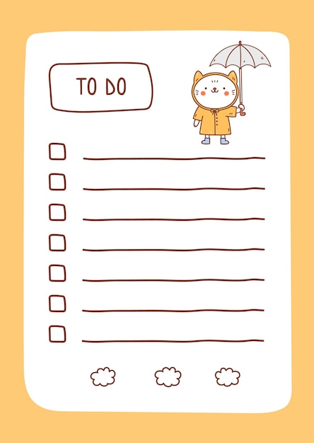 Vector plantilla de lista de tareas decorada por gato kawaii lindo diseño de planificador diario o lista de verificación