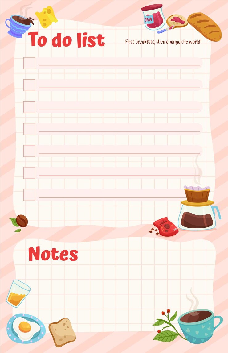 Plantilla de lista de tareas con diferentes elementos de desayuno ilustrados