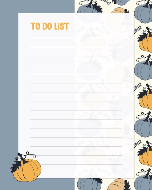 Plantilla de lista de tareas pendientes, papel rayado con patrón de calabaza de Halloween dibujado a mano. Notas, recordatorios, en blanco