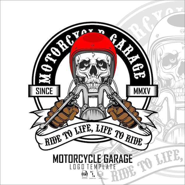 Plantilla de logo de motociclista con calavera