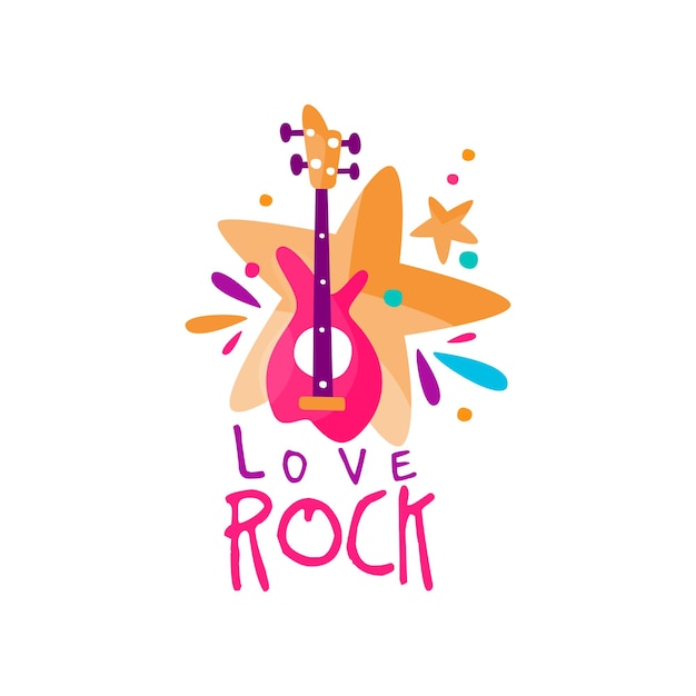 Plantilla de logo de música original con guitarra eléctrica y estrellas. Colorido emblema gráfico para el festival de rock, tienda de instrumentos musicales, estudio de grabación. Diseño vectorial dibujado a mano aislado sobre fondo blanco.