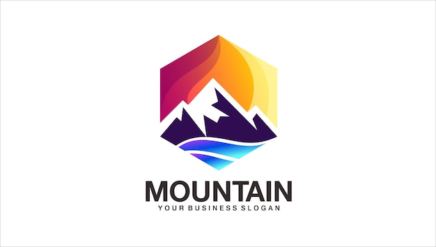 Plantilla de logotipo abstracto de montañas con río y puesta de sol