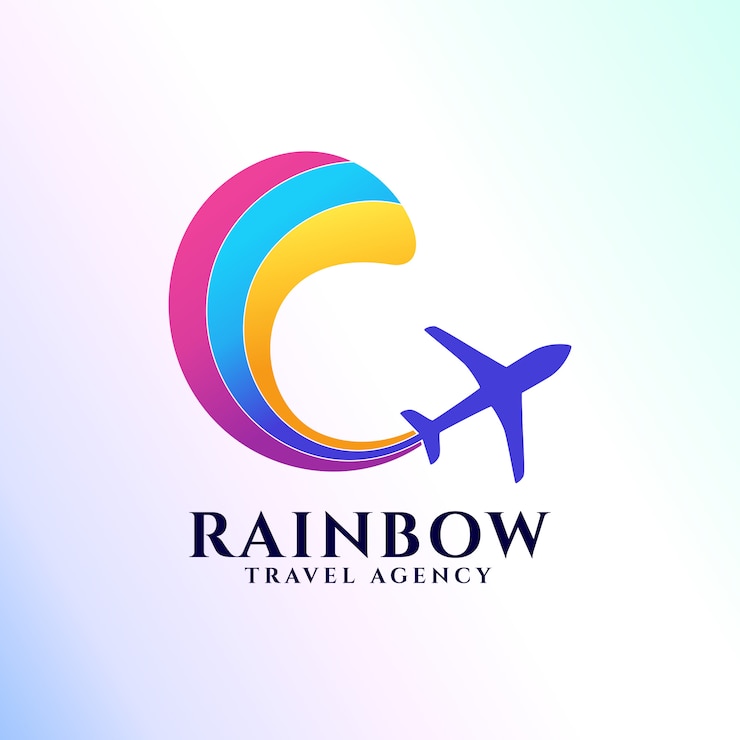 Vector plantilla de logotipo de agencia de viajes de arco iris. icono de avión y arco iris