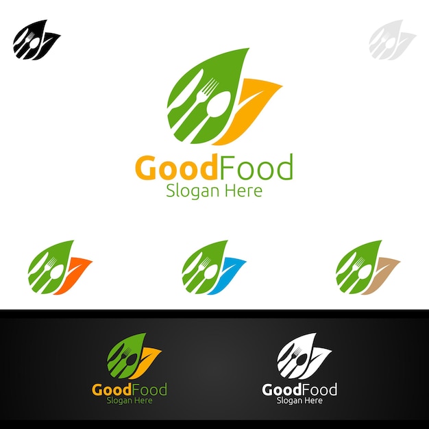 Plantilla de logotipo de alimentos saludables. Diseño de vectores orgánicos. Para restaurante de menú o cafetería, tenedor, cuchara y concepto de hojas