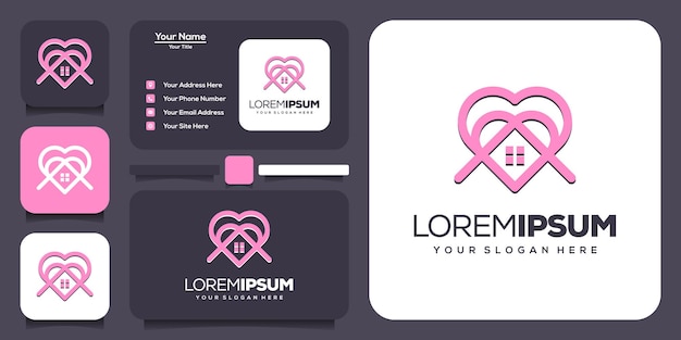 plantilla de logotipo de amor y casa de arte de línea abstracta