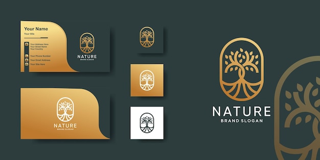 Plantilla de logotipo de árbol con estilo de arte de línea dorada y diseño de tarjeta de visita