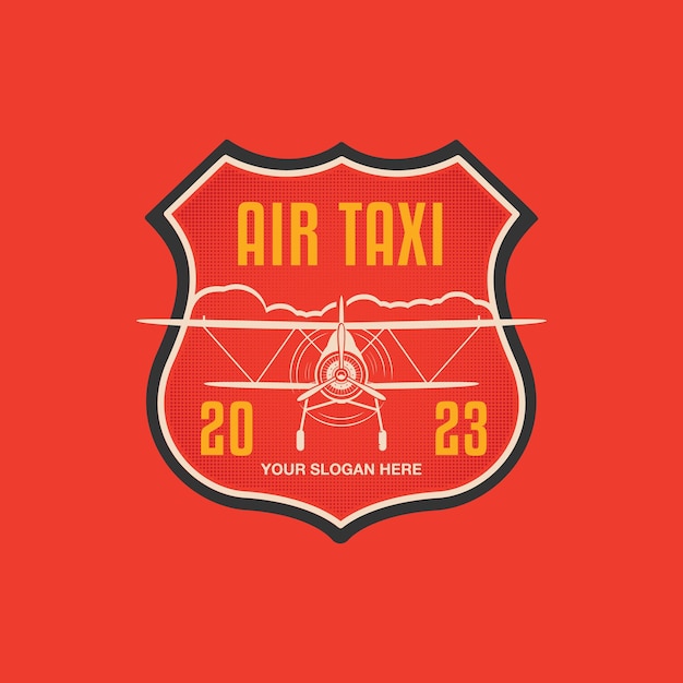 Plantilla de logotipo de avión con avión retro retro y nubes gráficos de insignia de avión para pegatina de camiseta identidad de marca de vuelo etiqueta de vector de stock aislada sobre fondo rojo