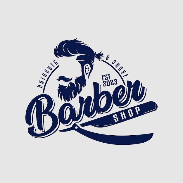 Plantilla de logotipo de barbería vintage con signo de icono hombre barbudo y placa de etiqueta retro de maquinilla de afeitar aislada