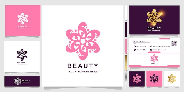 Plantilla de logotipo de belleza, flor, boutique o adorno con diseño de tarjeta de visita. se puede utilizar como diseño de logotipo de spa, salón, belleza o boutique.