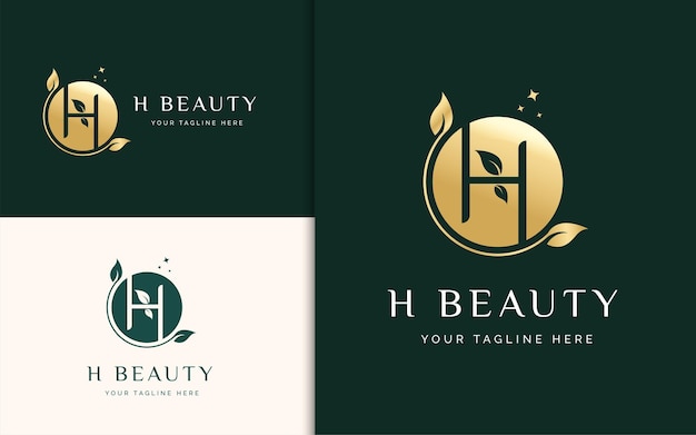 Plantilla de logotipo de belleza letra h inicial con estilo de forma de círculo de hoja