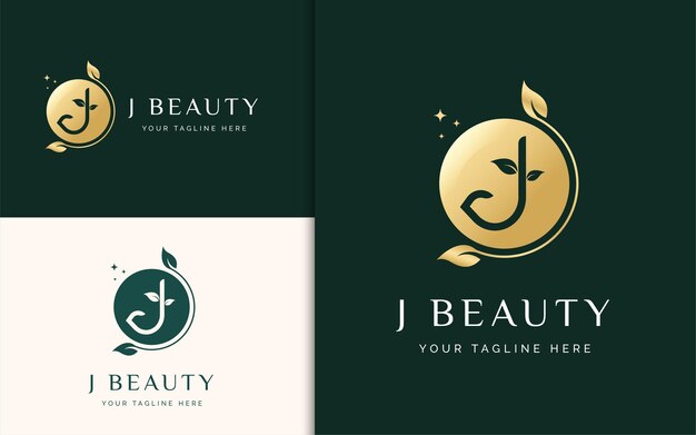 Plantilla de logotipo de belleza letra inicial J con estilo de forma de círculo de hoja