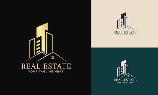 Plantilla de logotipo de bienes raíces con insignias premium de estilo creativo dorado para realtor logo vendido vector