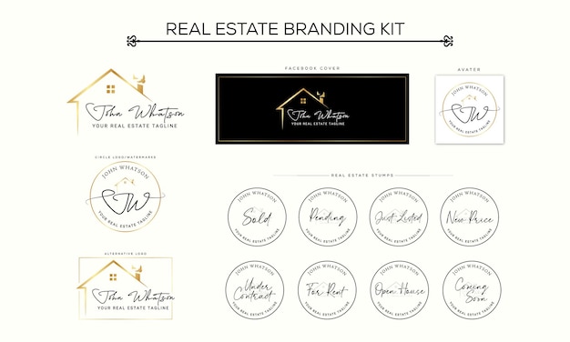 Plantilla de logotipo de bienes raíces con insignias premium de estilo creativo dorado para realtor logo vendido vector