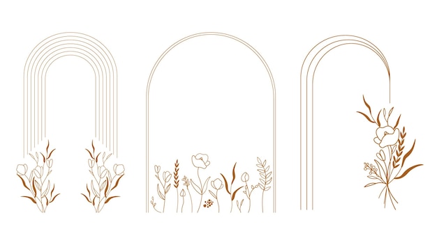 Vector plantilla de logotipo botánico en estilo lineal moderno con arco y borde floral emblema para boda