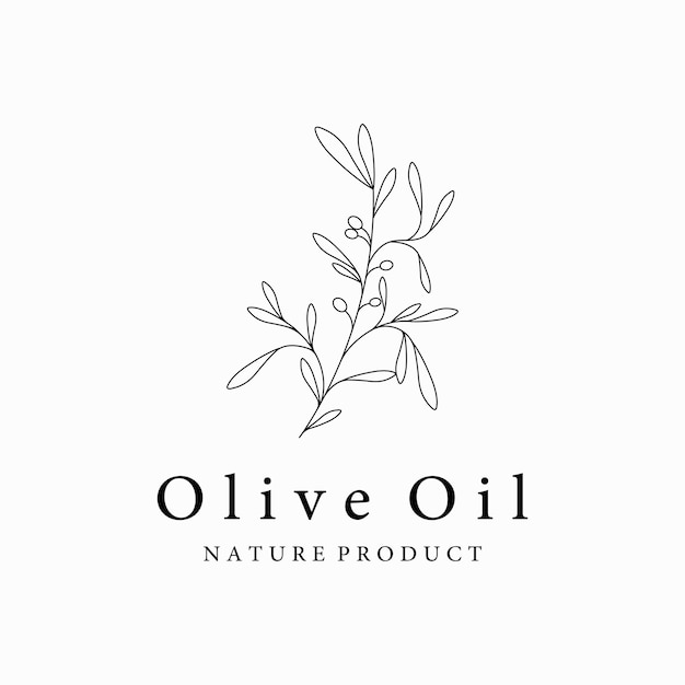 Plantilla de logotipo botánico Hoja de olivo natural dibujada a mano y fruta Aceite de oliva a base de hierbascosmético o belleza