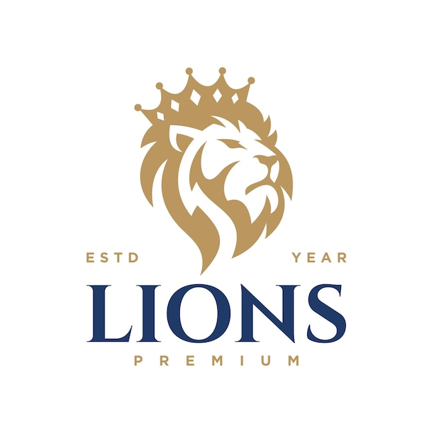 La plantilla del logotipo de la cabeza del rey león el logotipo fuerte del león el diseño elegante del royal premium dorado