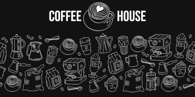 Plantilla de logotipo de cafetería y borde sin costuras Icono de doodle vectorial lindo en fondo negro