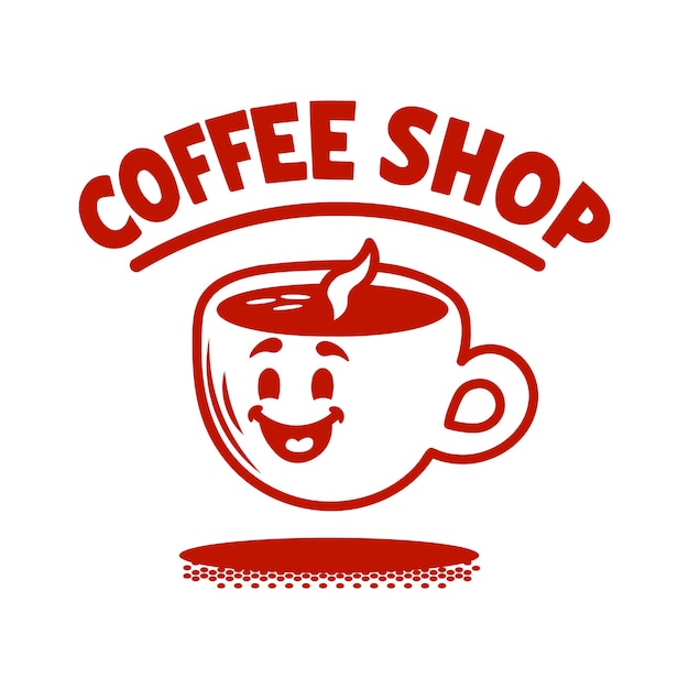 Plantilla de logotipo de cafetería de dibujos animados vintage personaje divertido de taza de café