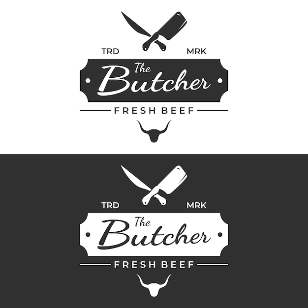 Plantilla de logotipo de carnicería fresca con cuchillo y animales de granja antiguos logotipos para negocios restaurantes etiquetas sellos y carnicerías frescas