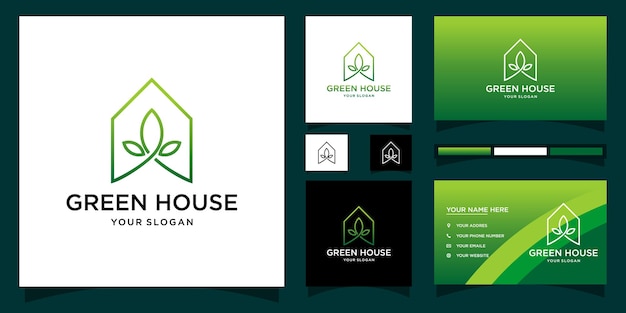 Plantilla de logotipo de casa verde con concepto moderno y diseño de tarjeta de visita