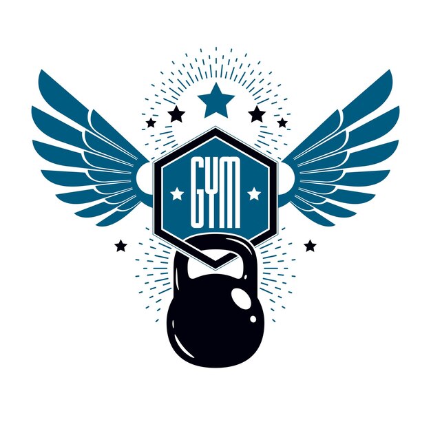 Plantilla de logotipo de club deportivo de gimnasio y peso pesado, emblema de vector alado de estilo vintage. Con pesas rusas.