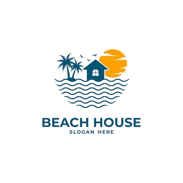 plantilla del logotipo del complejo de casas de palma en la playa
