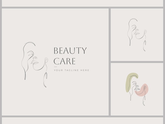 Plantilla de logotipo de conjunto de cara de mujer abstracta de dibujo de una línea para ilustraciones de mujeres Vector Premium