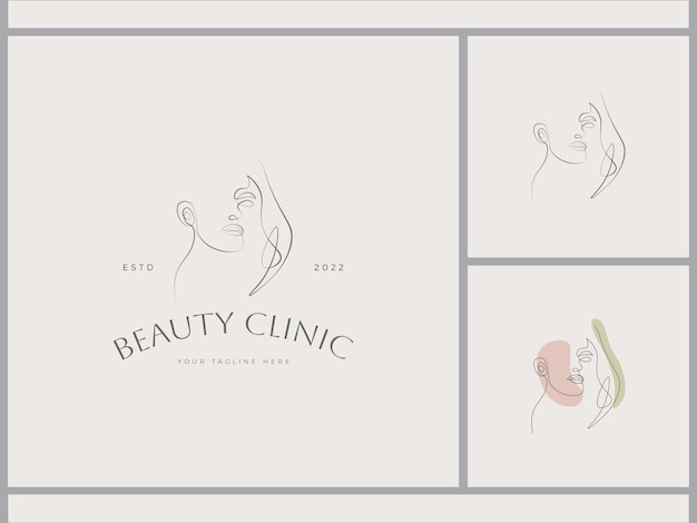 Plantilla de logotipo de conjunto de cara de mujer abstracta de dibujo de una línea para ilustraciones de mujeres Vector Premium