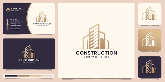 Plantilla de logotipo de construcción. arquitectos, layouts, edificios modernos, para empresas del sector de la edificación y arquitectos, inspiración en el diseño de logotipos con tarjeta de visita. vector premium