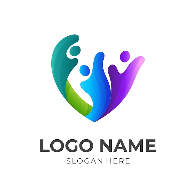 Vector plantilla de logotipo de cuidado familiar, amor y personas, logotipo de combinación con estilo colorido 3d