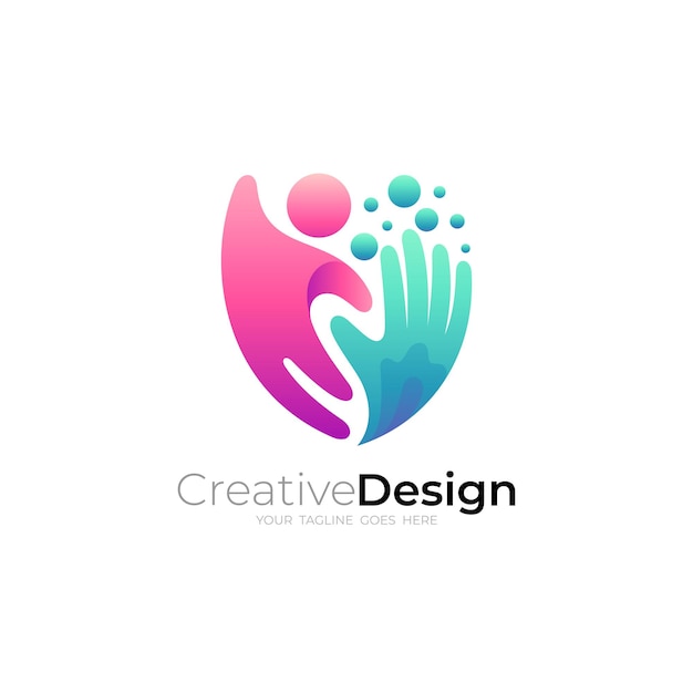 Plantilla de logotipo de cuidado de personas de mano diseño colorido 3d social