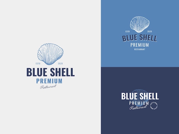 Plantilla de logotipo de dibujo a mano de marisco de concha azul con tipografía vintage premium